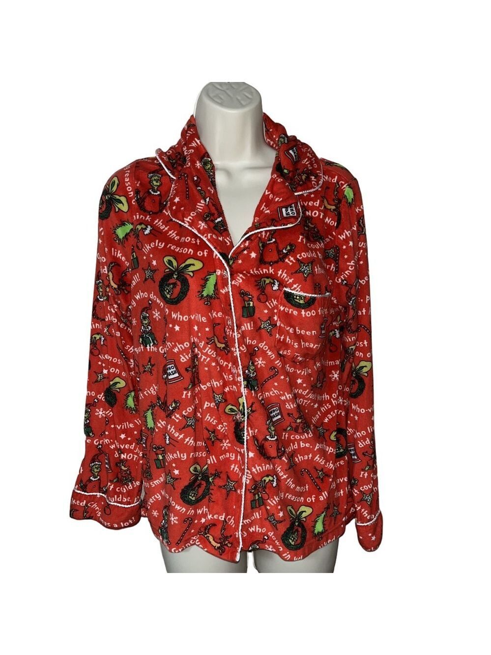 The Grinch Pajama Top Women’s Medium Red Long Sleeve Fleece Button Christmas